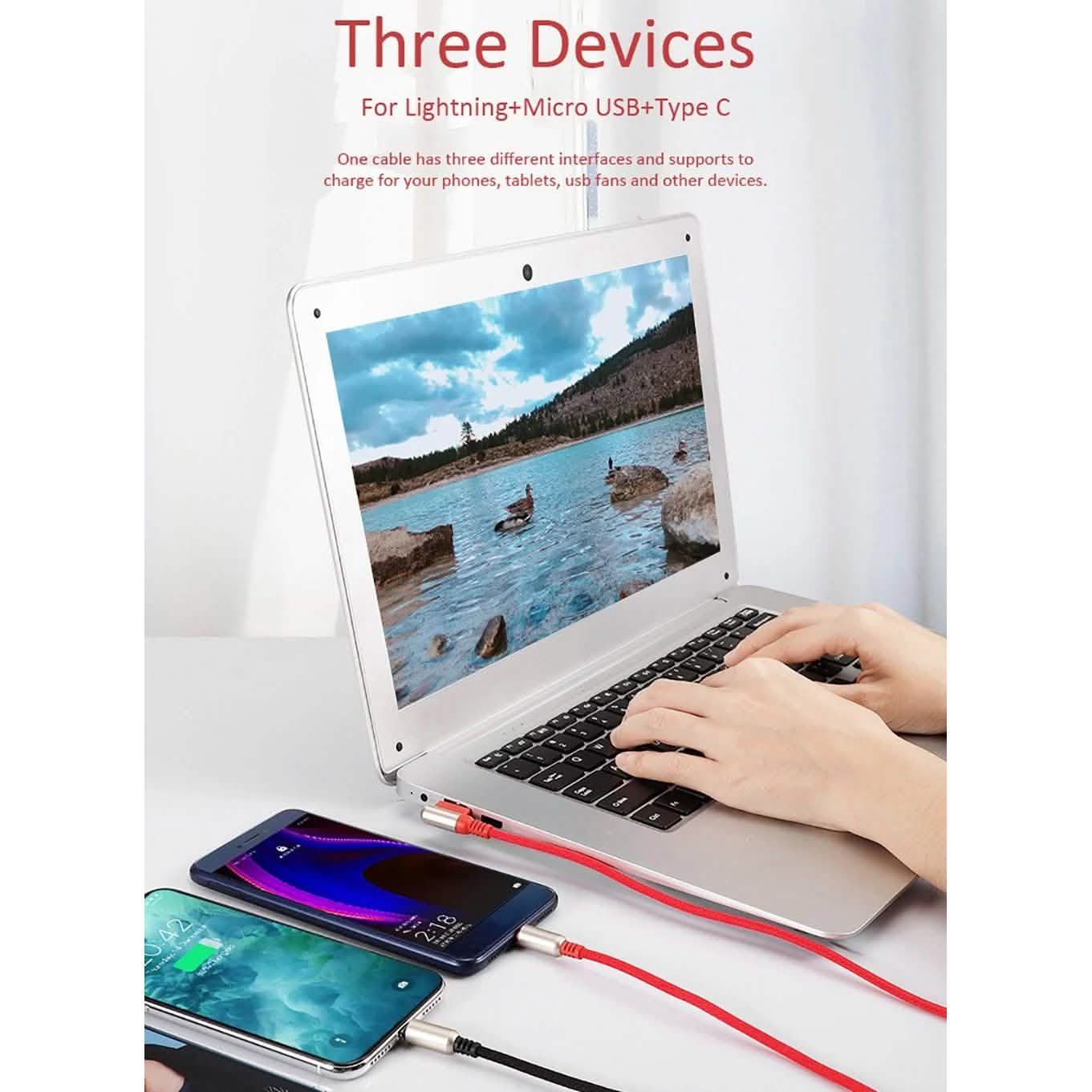 3-In-1 Charging Cable USB to Micro USB + Type C + Lightning Charging Cable Fast Charging Mobile Accessories - DailySale