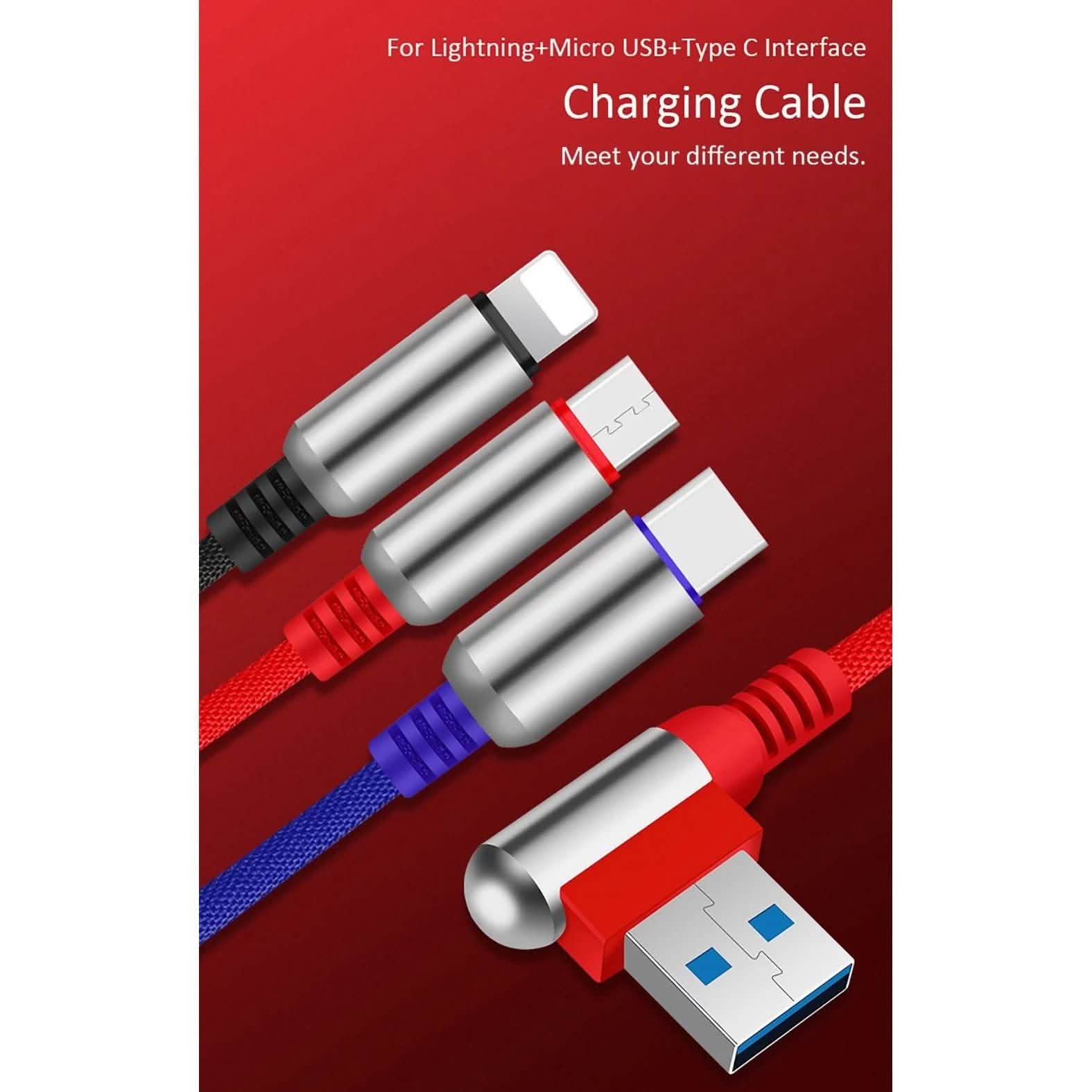 3-In-1 Charging Cable USB to Micro USB + Type C + Lightning Charging Cable Fast Charging Mobile Accessories - DailySale