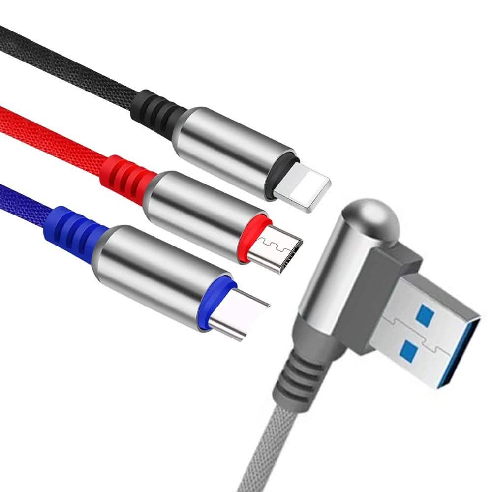 3-In-1 Charging Cable USB to Micro USB + Type C + Lightning Charging Cable Fast Charging Mobile Accessories Silver - DailySale