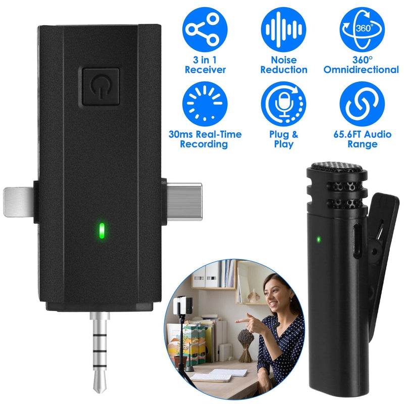 3-in-1 Wireless Clip On Microphone Omnidirectional Noise Reduction Plug Mobile Accessories - DailySale