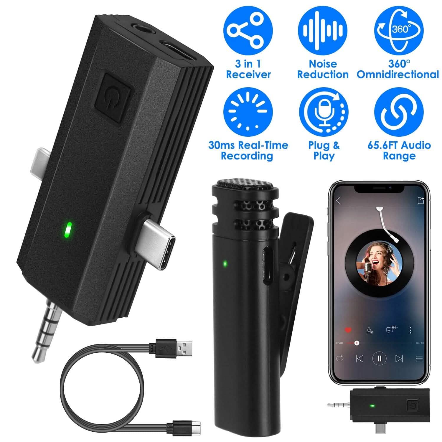 3-in-1 Wireless Clip On Microphone Omnidirectional Noise Reduction Plug Mobile Accessories - DailySale