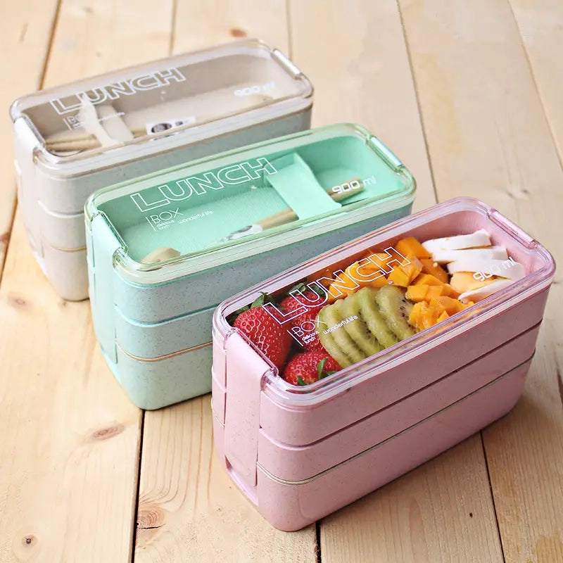 Rarapop 3 Pack Stackable Bento Box Adult Japanese Lunch Box Kit with Spoon  & Fork, 3-In-1 Compartment Wheat Straw Meal Prep Containers
