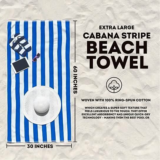 3-Pack: 30" x 60" Ultra-Soft 100% Cotton Striped Pool Cabana Hotel Beach Towels Bath - DailySale