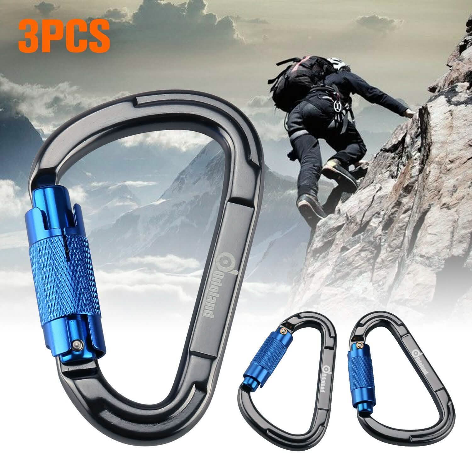 3-Pack: Auto Locking Rock Climbing Carabiner Clips Heavy Duty Caribeaners D-Shaped Sports & Outdoors - DailySale