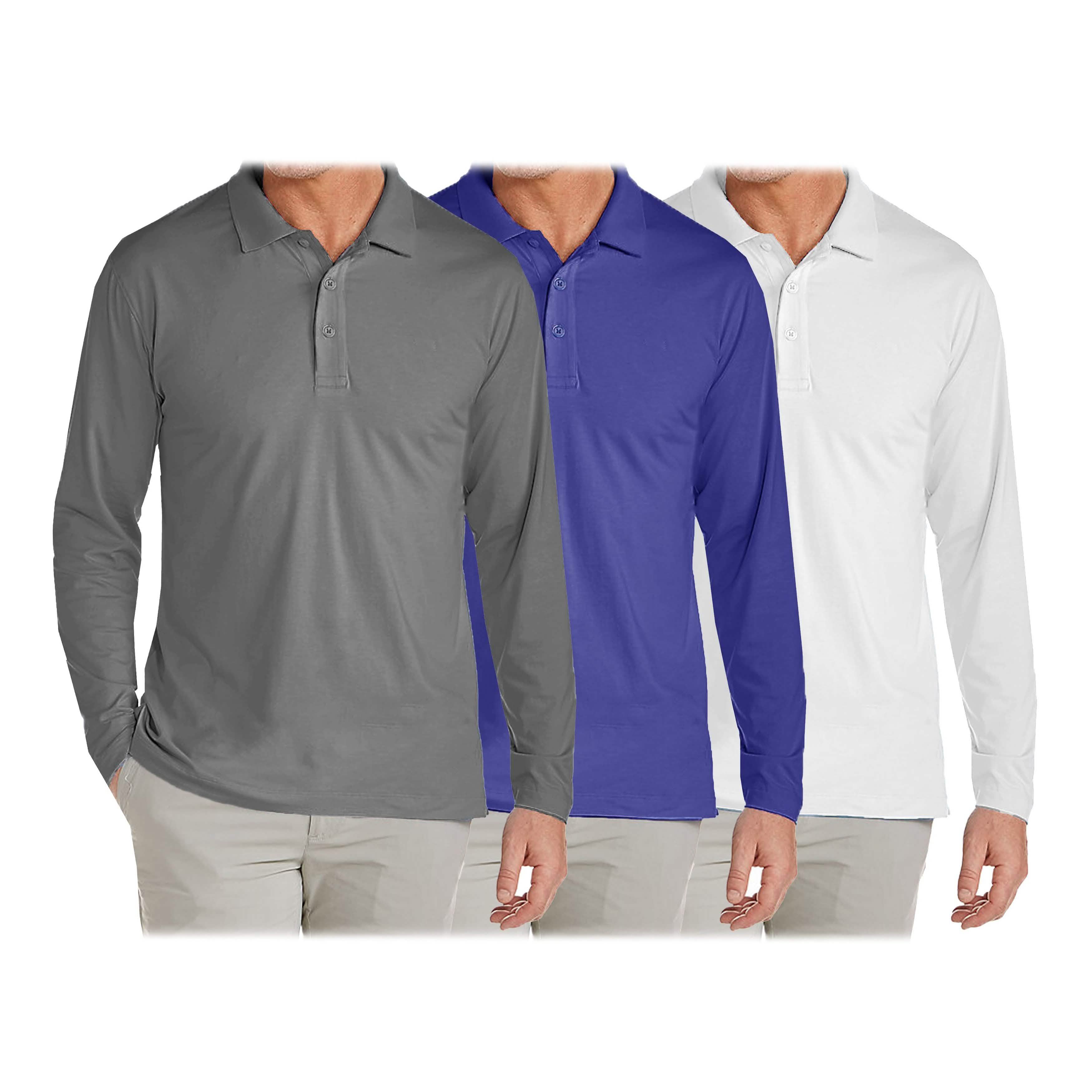 3-Pack: Men's Long Sleeve Pique Polo Shirts Men's Clothing Charcoal/White/Royal S - DailySale