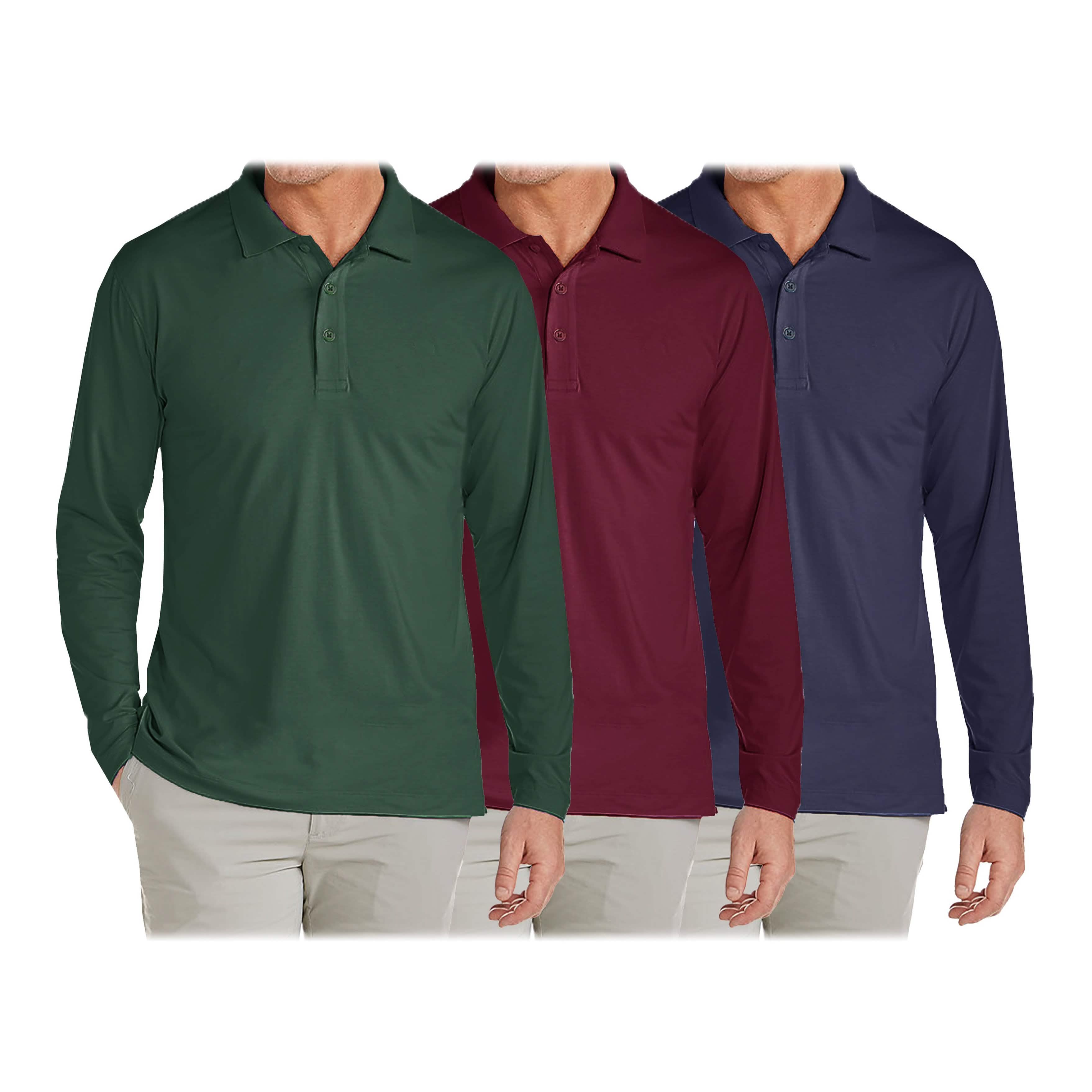 3-Pack: Men's Long Sleeve Pique Polo Shirts Men's Clothing Hunter/Burgundy/Navy S - DailySale