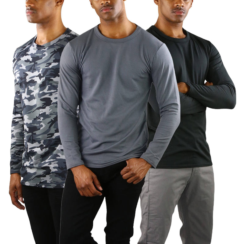 3-Pack: Men's Premium Fleece Lined Microfiber Thermal Long Sleeve Crewneck Shirt Top Men's Tops Black/Gray/Gray Camo S - DailySale