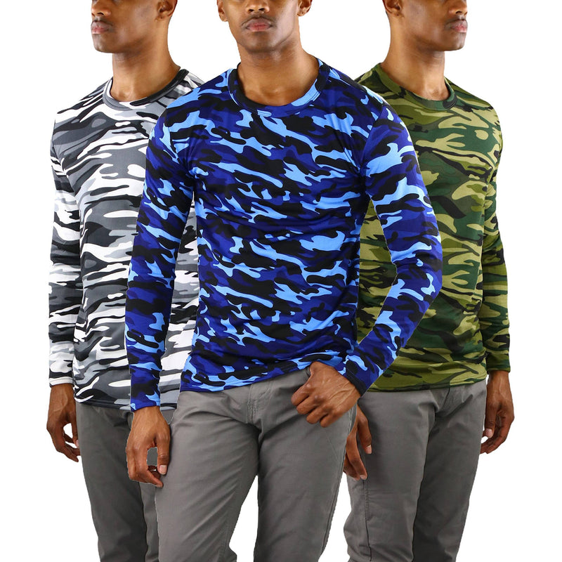 3-Pack: Men's Premium Fleece Lined Microfiber Thermal Long Sleeve Crewneck Shirt Top Men's Tops Blue Camo/Green Camo/Gray Camo S - DailySale