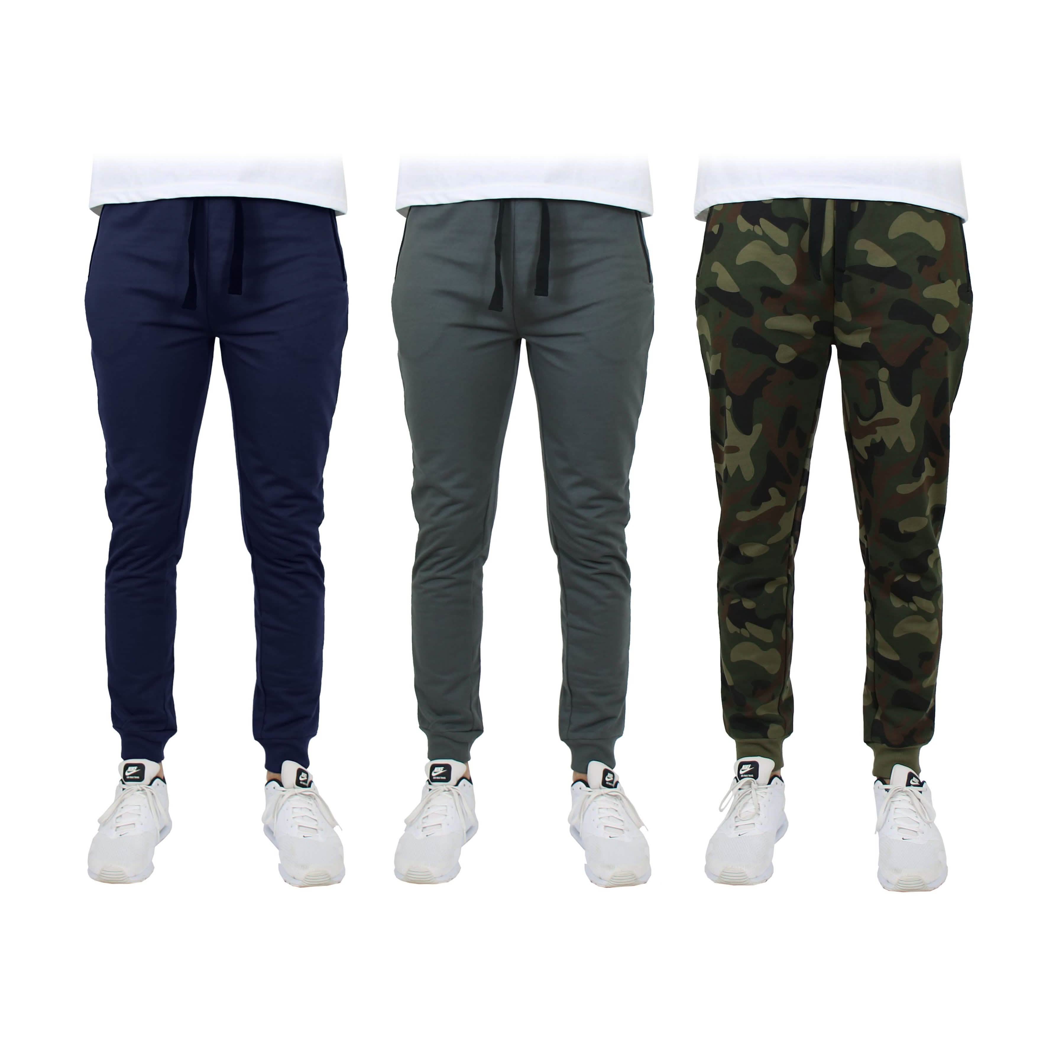 3-Pack: Men's Slim Fitting French Terry Jogger Lounge Pants with Zipper Pockets Men's Clothing Navy/Charcoal/Camo S - DailySale