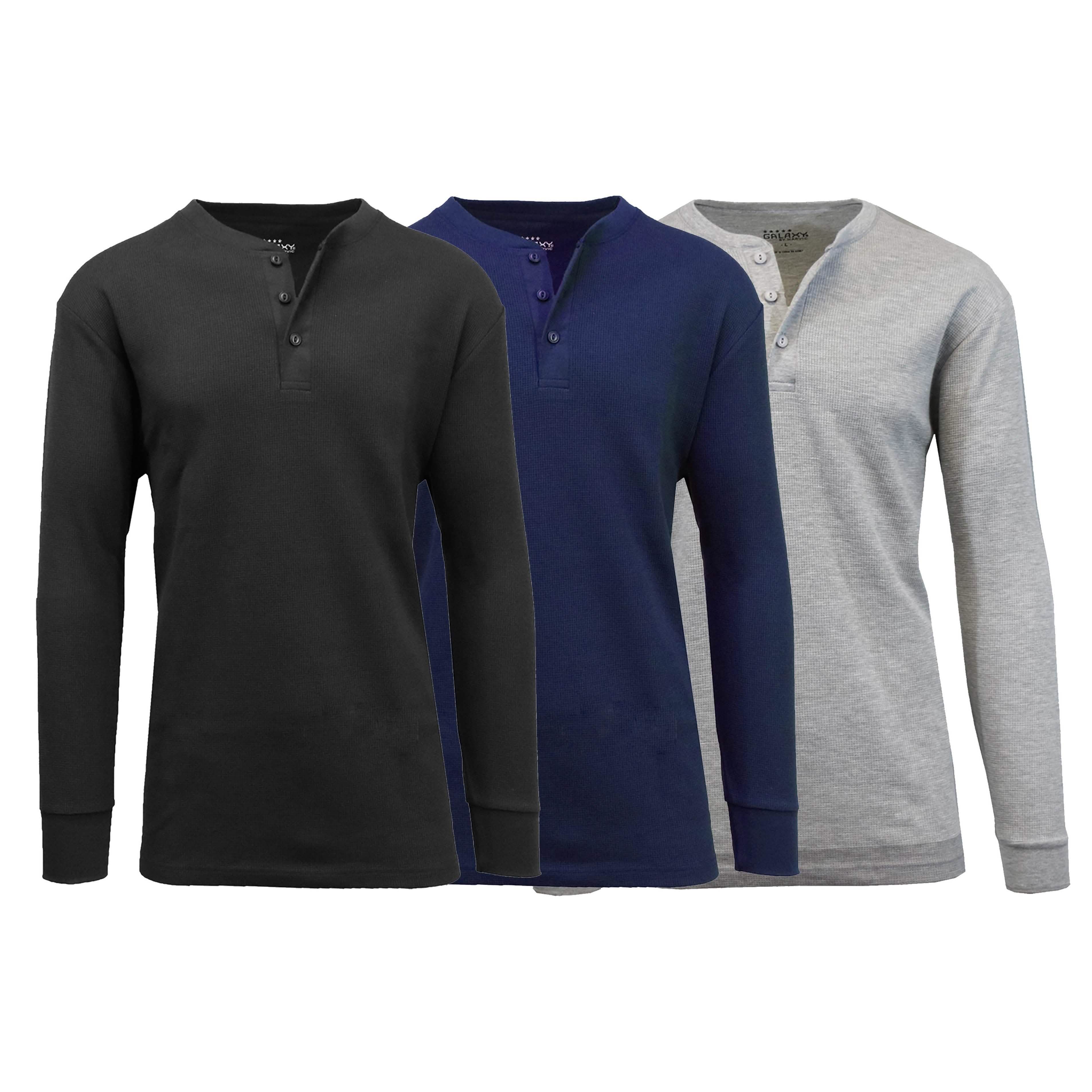 3-Pack: Men's Waffle-Knit Thermal Henley Tees Men's Clothing Black/Navy/Heather Gray S - DailySale