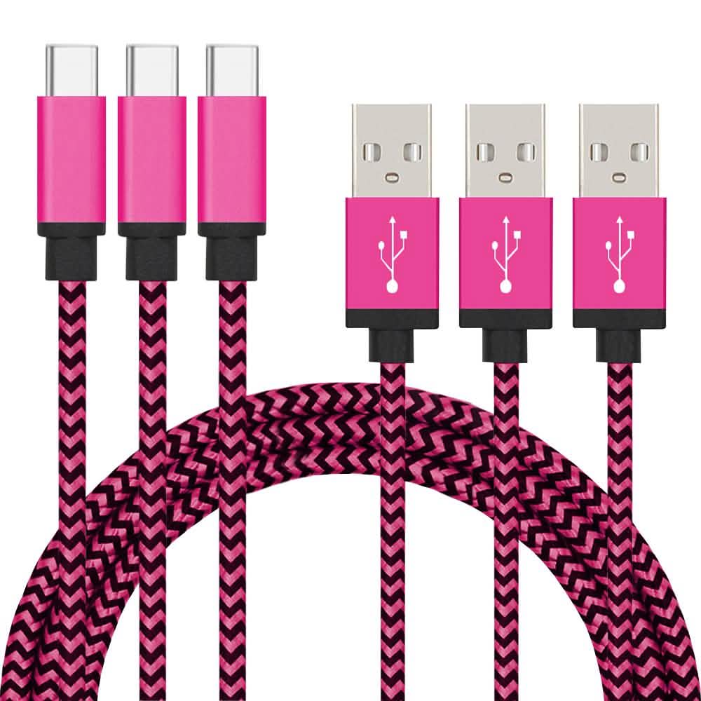 3-Pack: Nylon Braided Cables Phones & Accessories USB-C Pink - DailySale