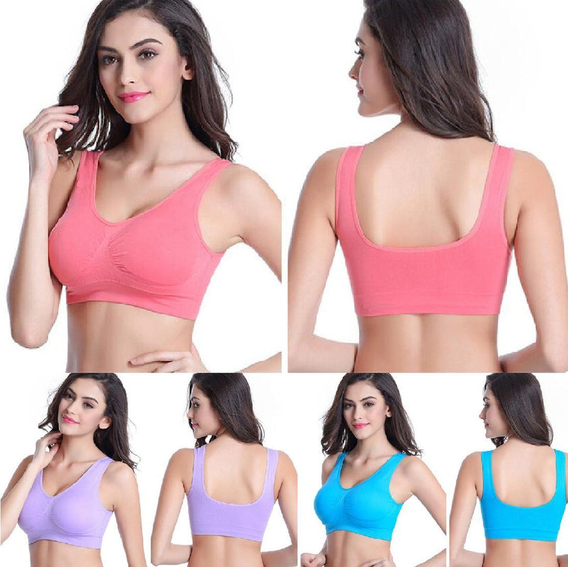 Three models wearing a pink, purple, and blue bra from the 3-Pack: Seamless Miracle Bras with Removable Pads - Assorted Color Sets