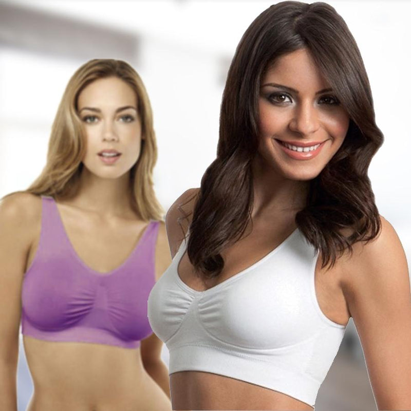 Two models wearing a purple and white bra from the 3-Pack: Seamless Miracle Bras with Removable Pads - Assorted Color Sets