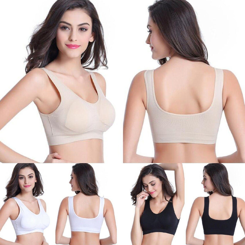 Three models wearing a black, white, and beige bra from the 3-Pack: Seamless Miracle Bras with Removable Pads - Assorted Color Sets