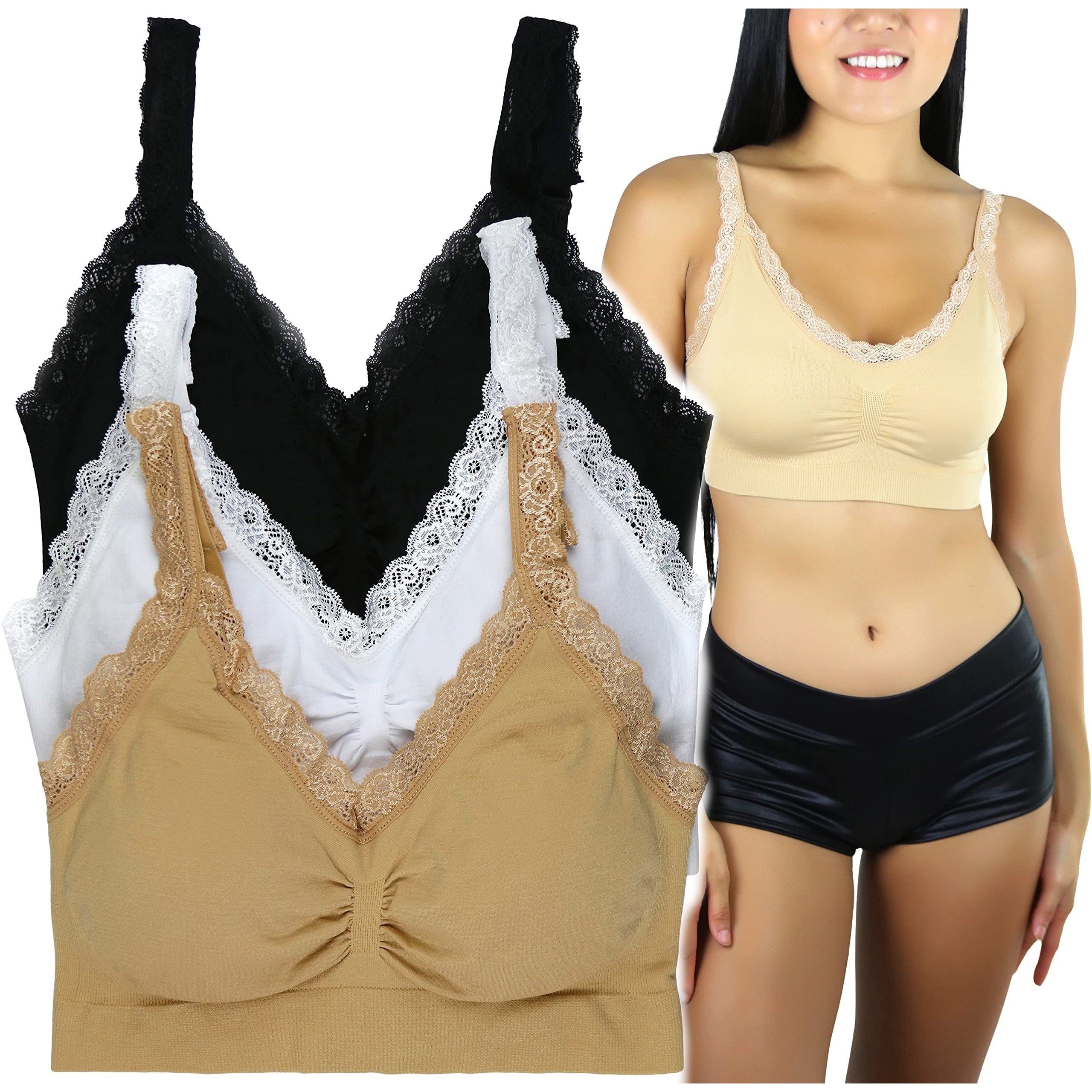 3-Pack: ToBeInStyle Women's Classic Adjustable U-Back Lace Trim Bralet