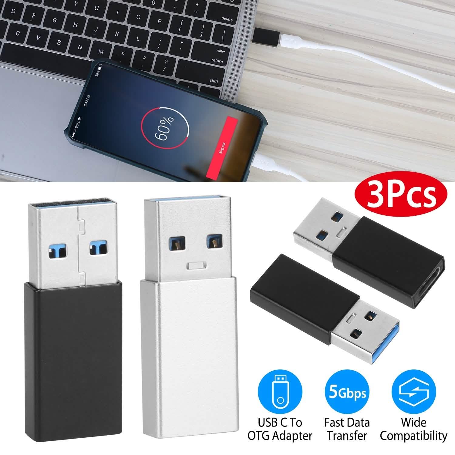 3-Packs: USB Type-C Male to USB A 3.0 OTG Male Port Converter Computer Accessories - DailySale