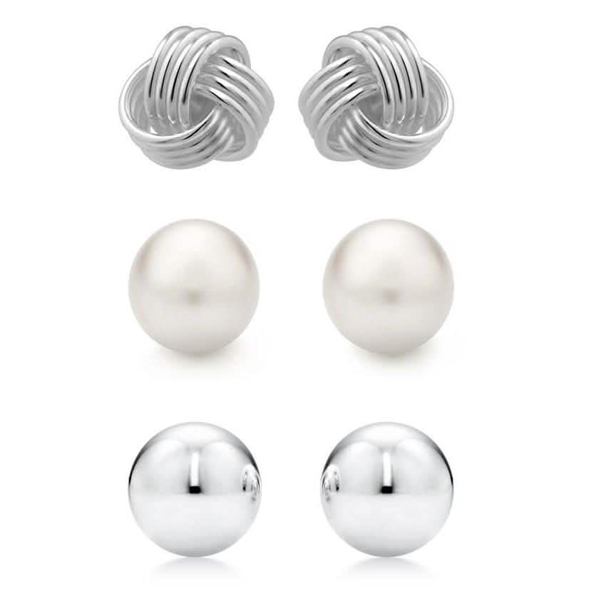 3-Pair Set: Sterling Silver Trio Stud Earring Set Earrings - DailySale
