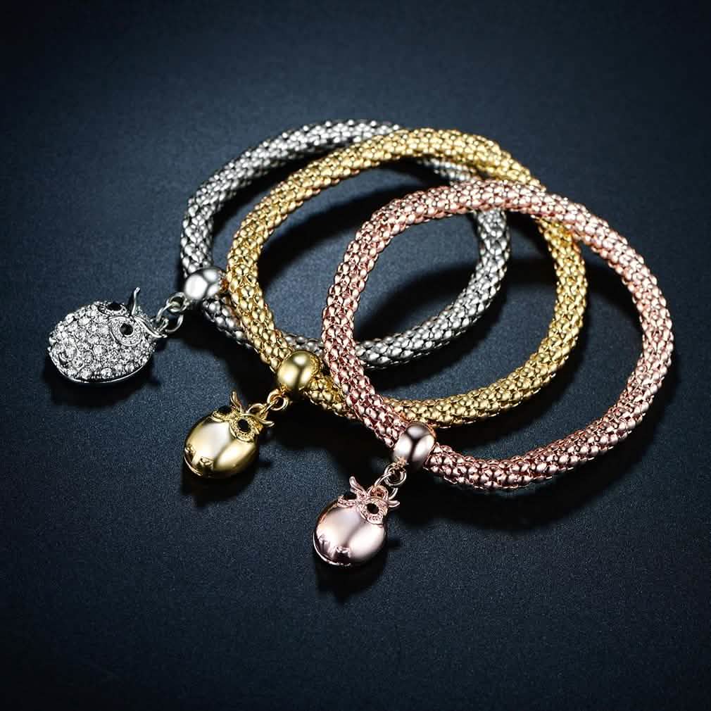 3-Piece: 18K Tri-Tone Owl Charm Stretch Popcorn Bracelet Set Jewelry - DailySale