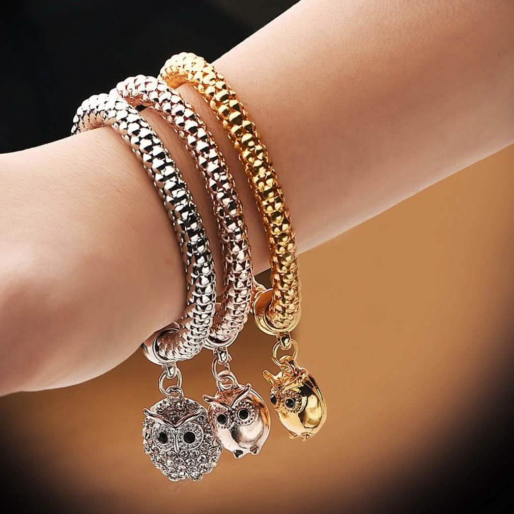 3-Piece: 18K Tri-Tone Owl Charm Stretch Popcorn Bracelet Set Jewelry - DailySale