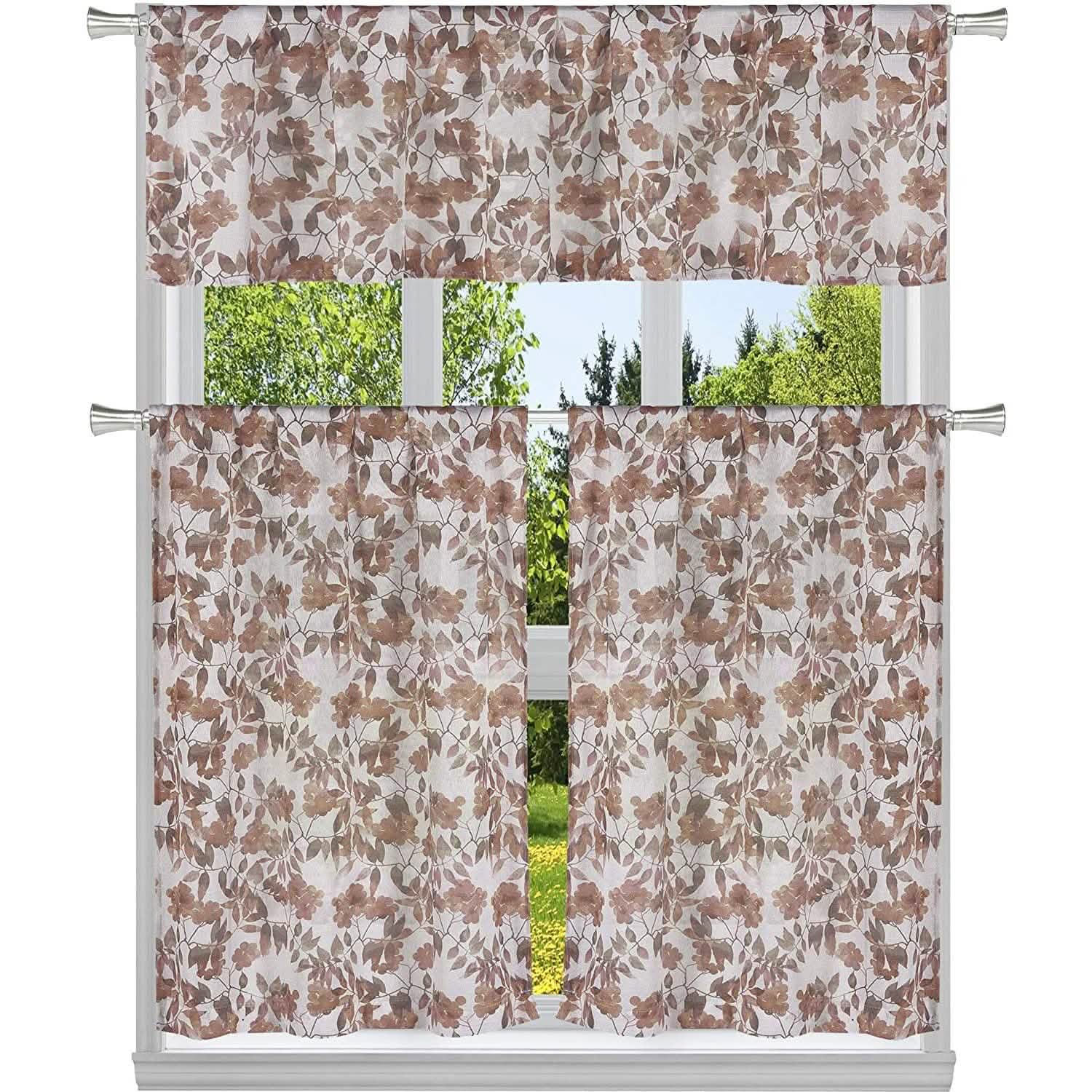 3-Piece: Chic Floral Pattern Semi-Sheer Kitchen Curtain Tier and Valance Set Lighting & Decor Rose - DailySale