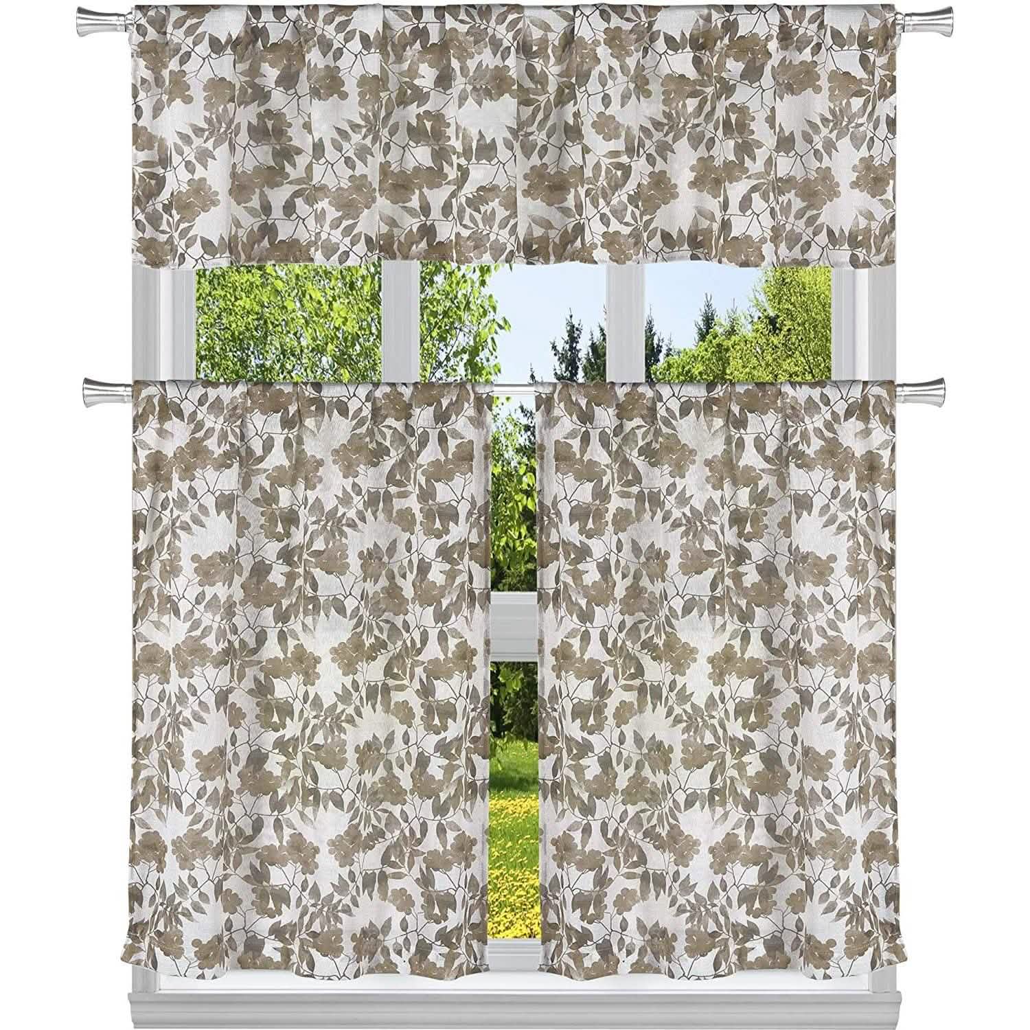 3-Piece: Chic Floral Pattern Semi-Sheer Kitchen Curtain Tier and Valance Set Lighting & Decor Taupe - DailySale