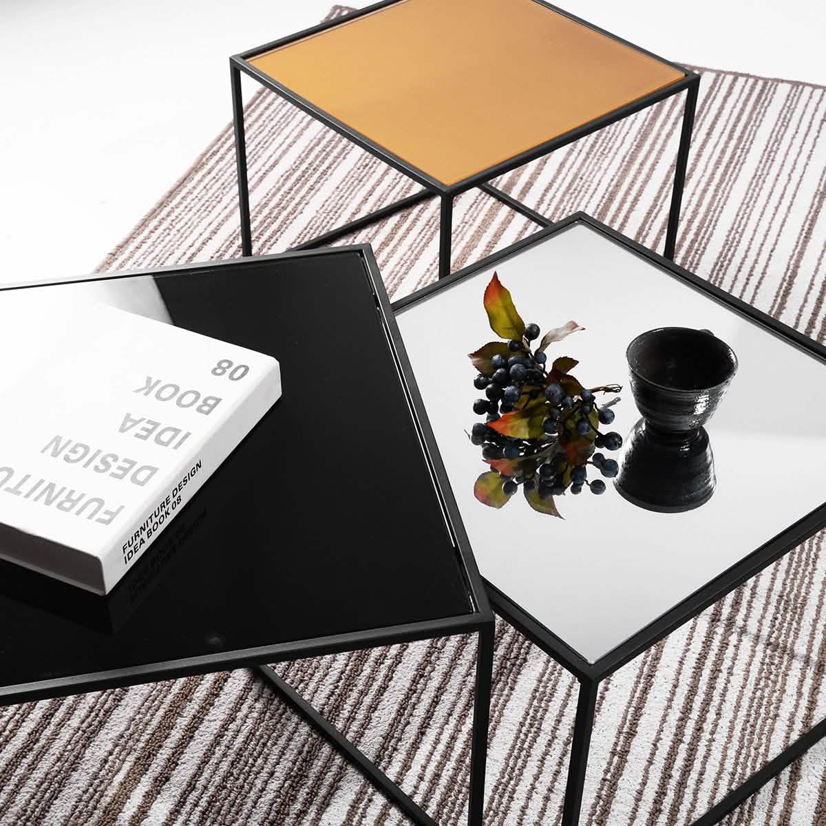 3-Piece: Mirror Top Nesting Coffee Table End Desk/Side Table Set in Black Steel Tube Furniture & Decor - DailySale