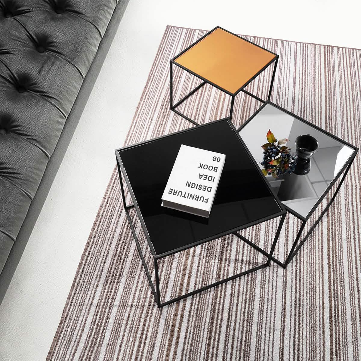 3-Piece: Mirror Top Nesting Coffee Table End Desk/Side Table Set in Black Steel Tube Furniture & Decor - DailySale