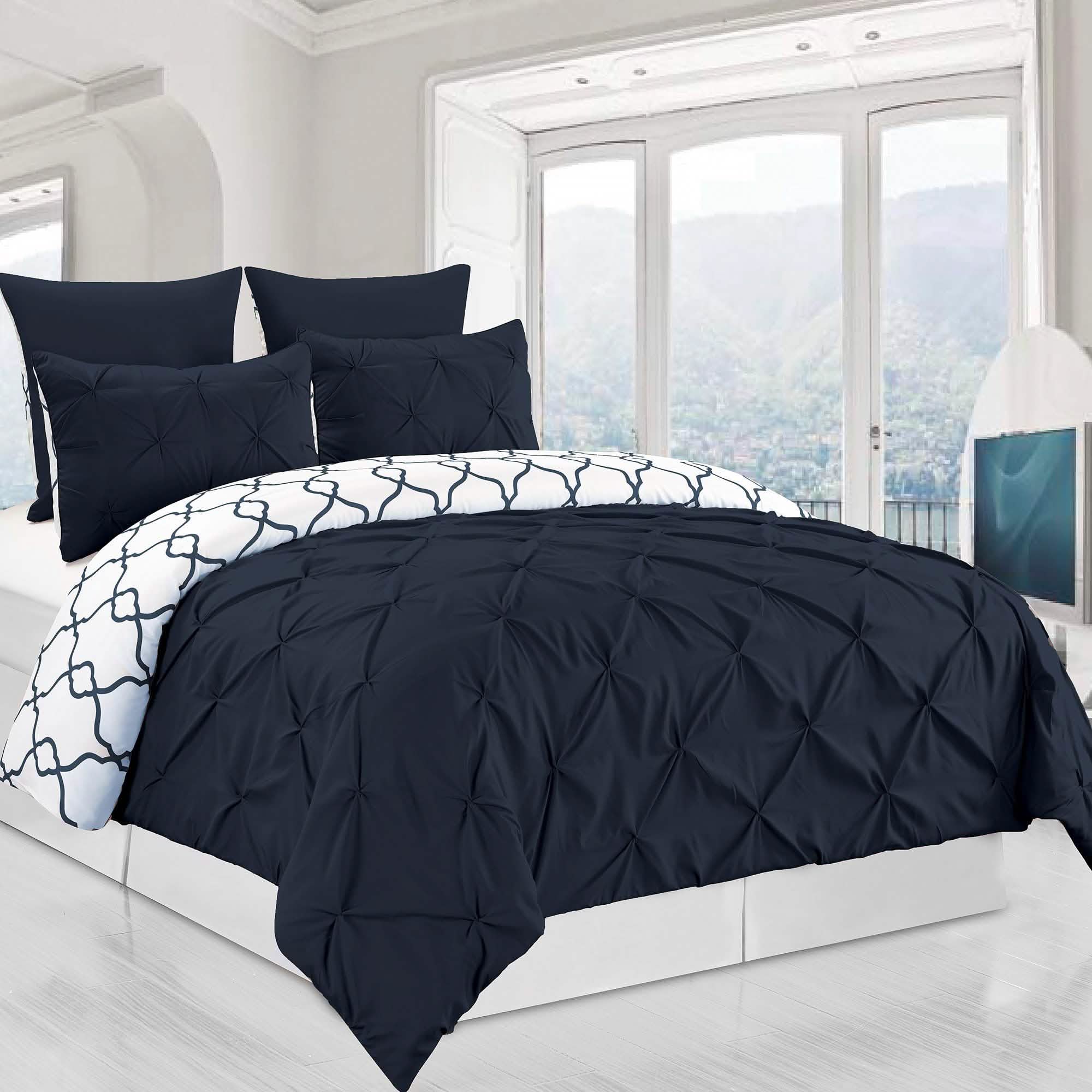 3-Piece Set: Reversible Premium Pintuck Duvet Cover and Shams Bedding Navy Queen - DailySale