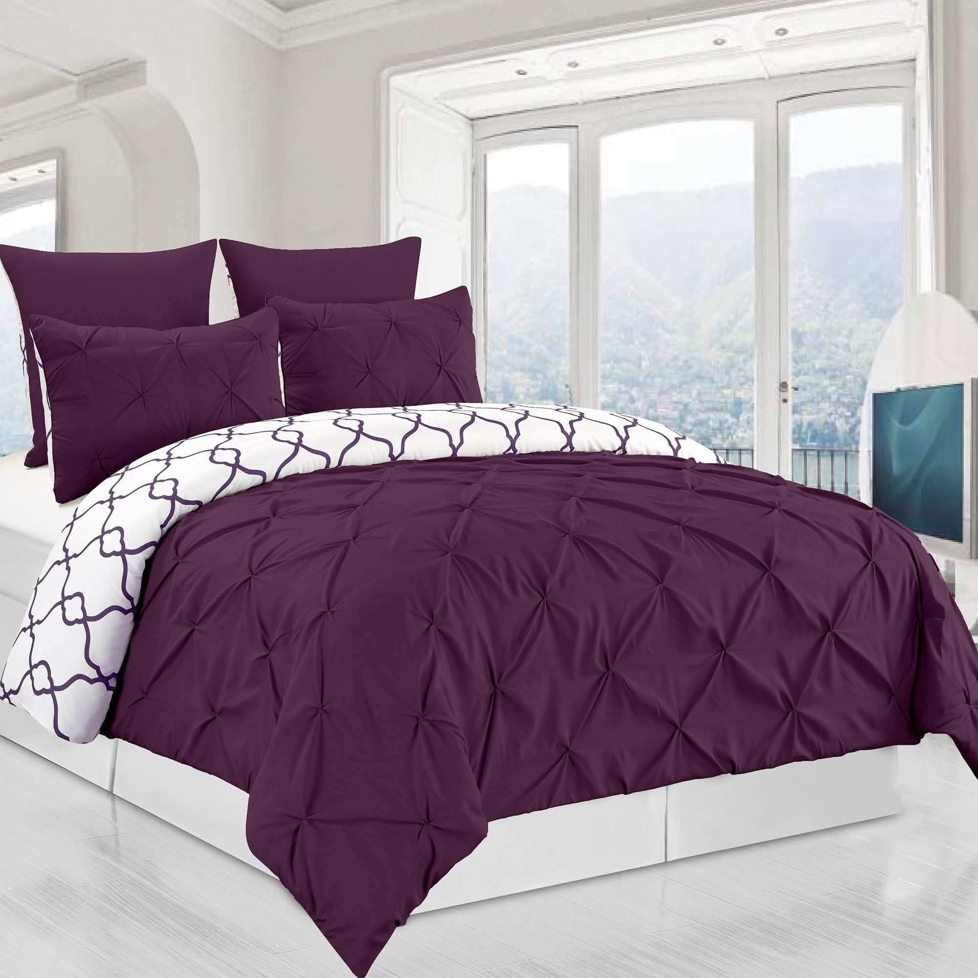3-Piece Set: Reversible Premium Pintuck Duvet Cover and Shams Bedding Plum Queen - DailySale