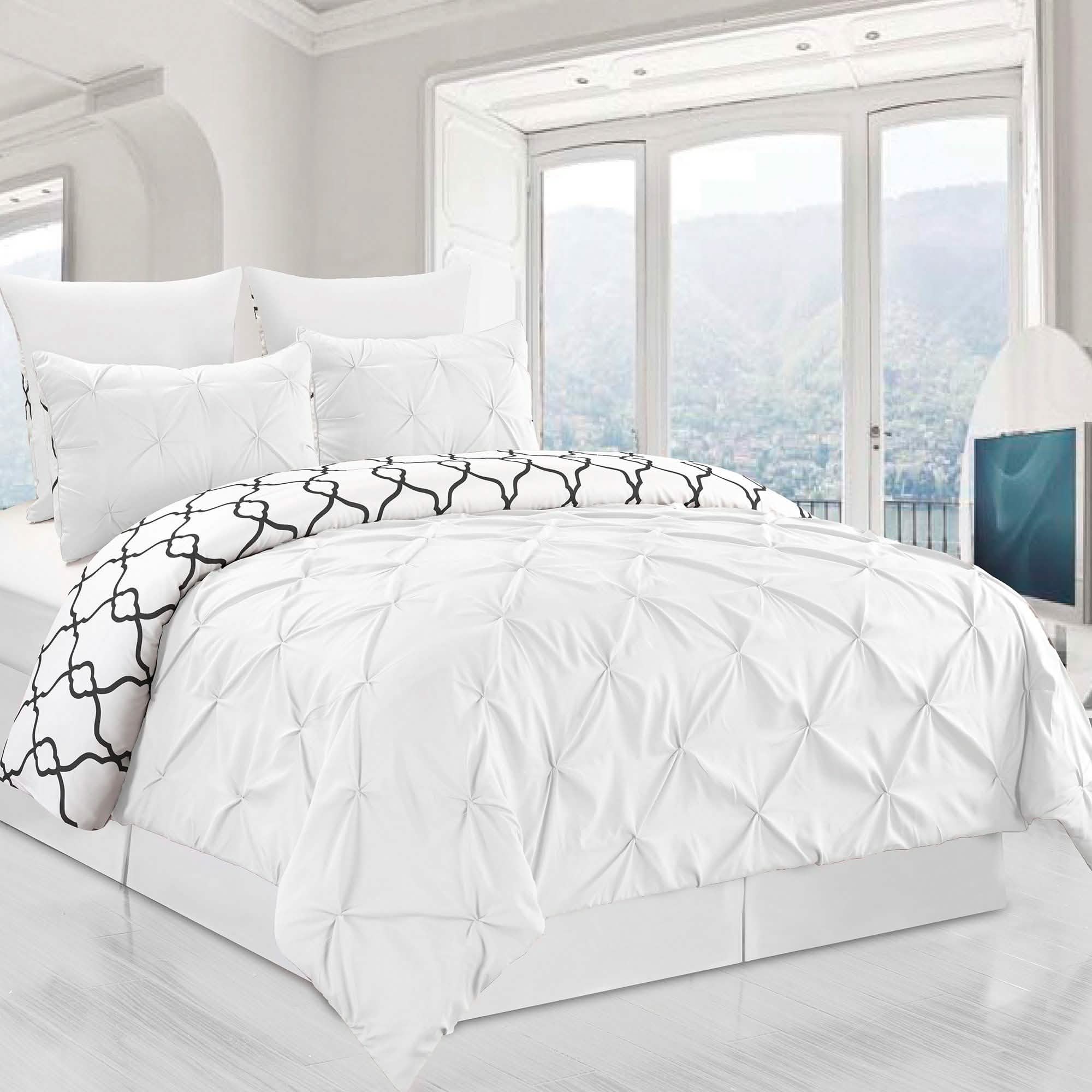 3-Piece Set: Reversible Premium Pintuck Duvet Cover and Shams Bedding White Queen - DailySale