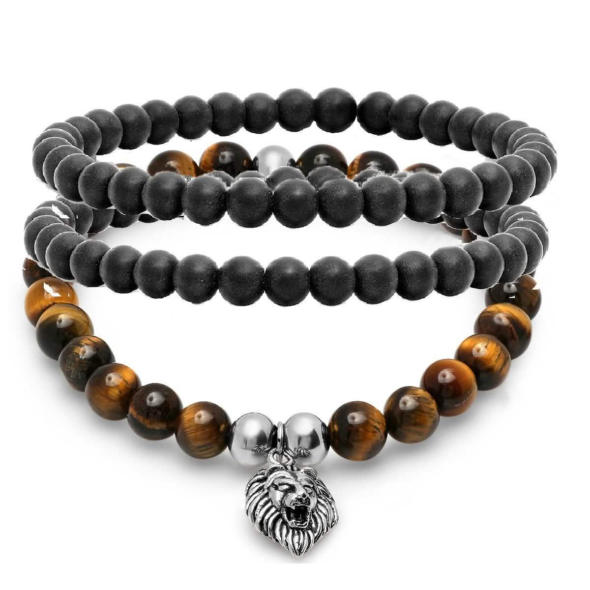 3-Piece Set: Tiger Eye and Black Lava Beaded Bracelet with Stainless Steel Lion Bracelets - DailySale