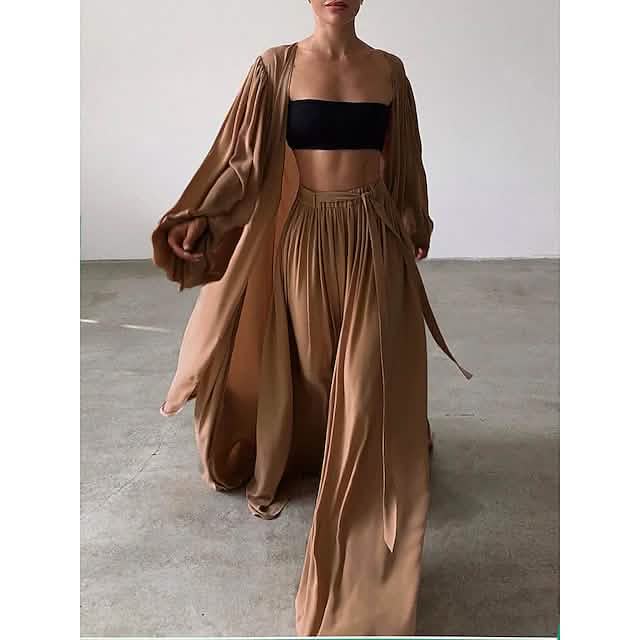 3-Piece Set: Women's Boho Solid Color Plus Size Women's Bottoms Brown S - DailySale