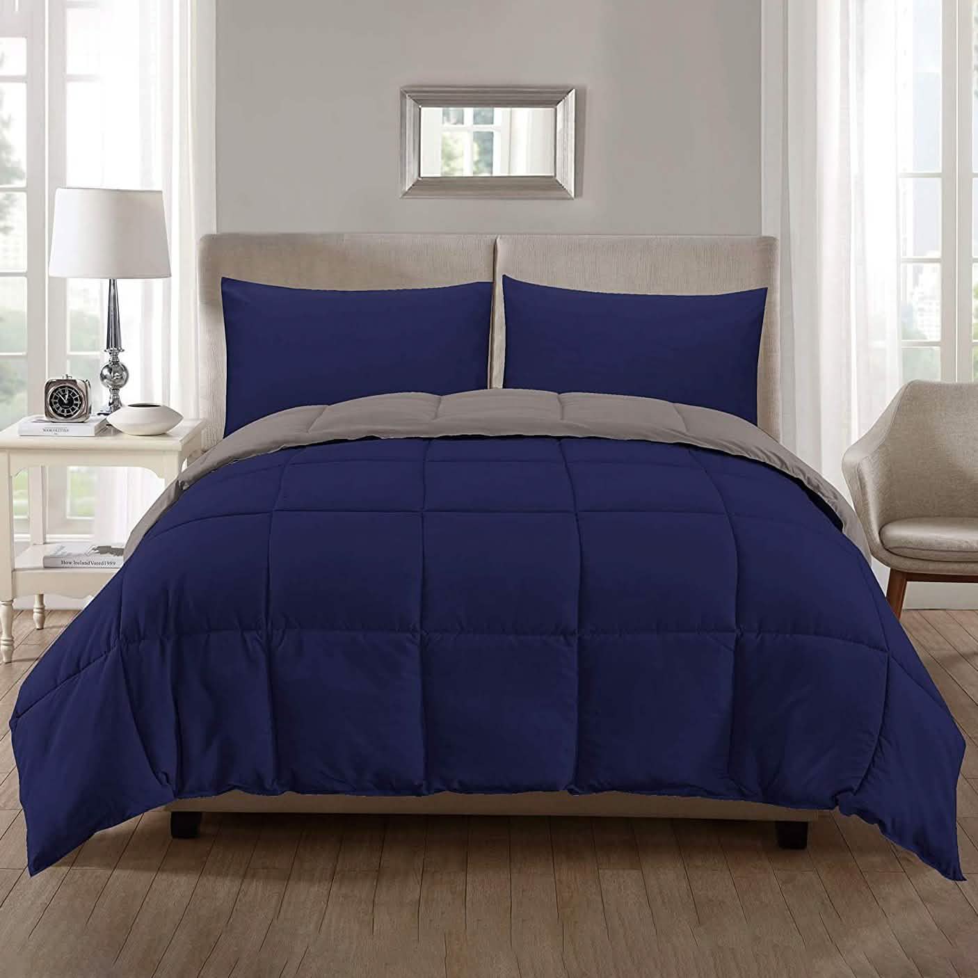 3-Piece: Ultra Soft Premium Down Alternative Reversible Comforter All Season Bedding Navy/Silver Full/Queen - DailySale
