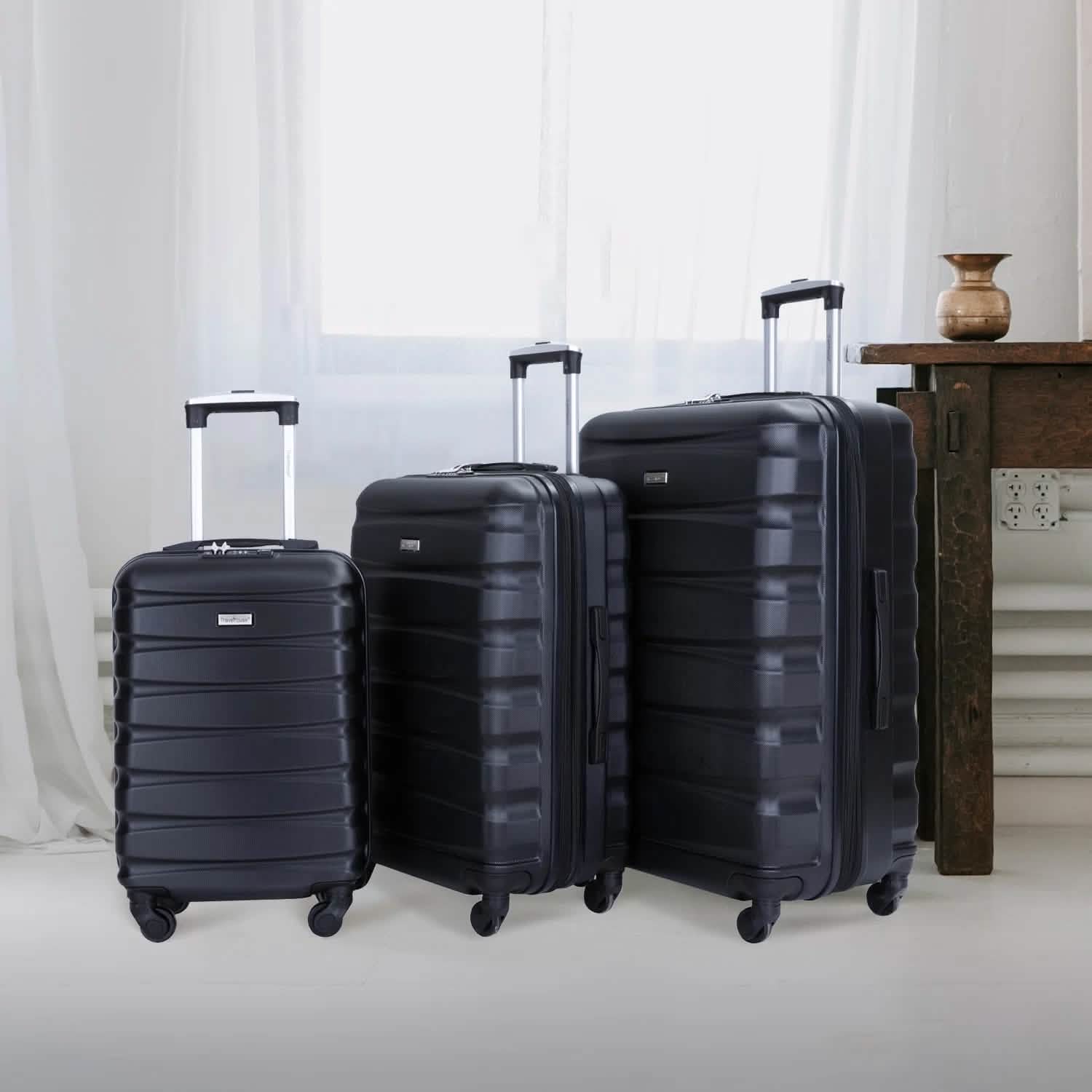 3-Pieces Set: Expandable Luggage Sets ABS Lightweight Suitcase Bags & Travel Black - DailySale