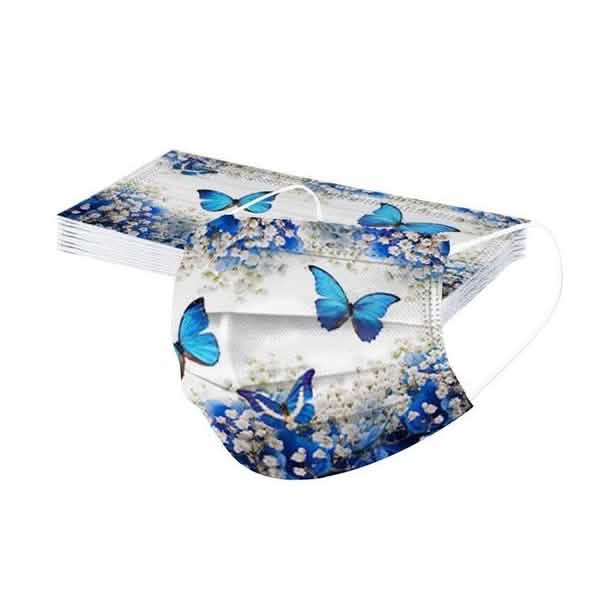 3-Ply Ear Loop Butterfly Printed Mask Face Masks & PPE Blue 50-Pack - DailySale