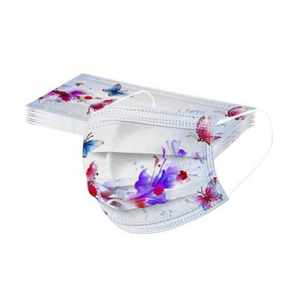 3-Ply Ear Loop Butterfly Printed Mask Face Masks & PPE White 50-Pack - DailySale