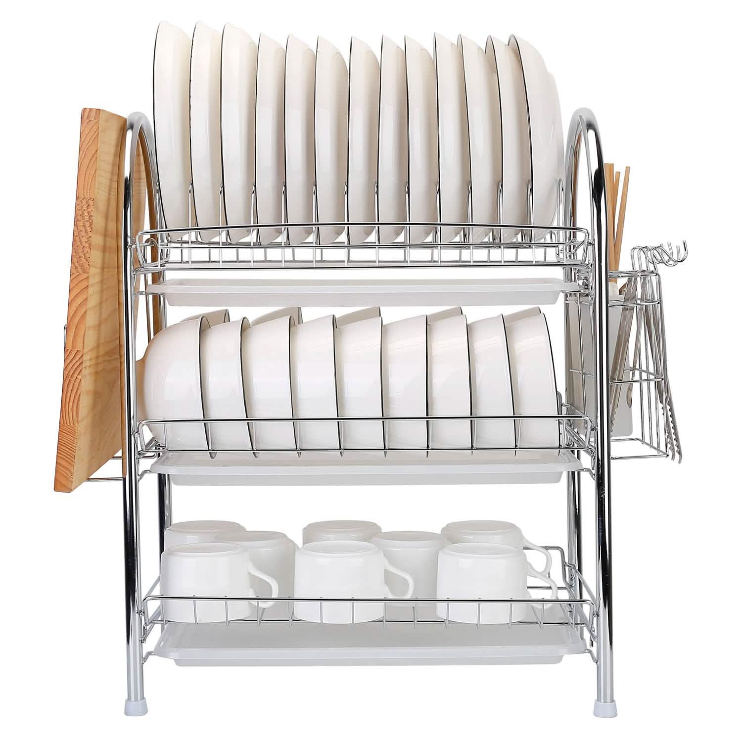 3-Tier Dish Drying Rack Shelf with 3 Drain Trays Chopping Board Kitchen Storage - DailySale