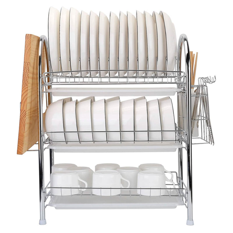 3-Tier Dish Drying Rack Shelf with 3 Drain Trays Chopping Board Kitchen Storage - DailySale