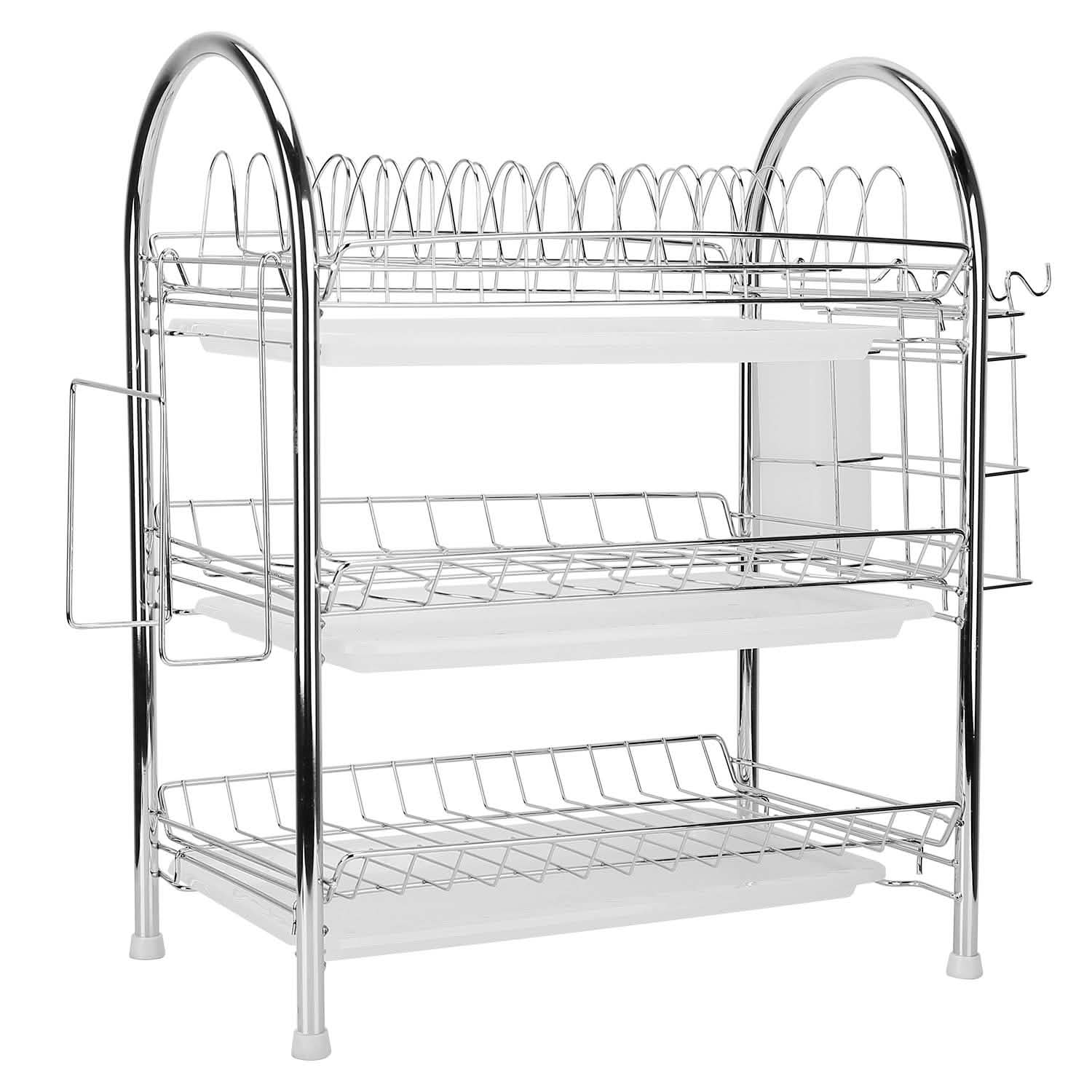 3-Tier Dish Drying Rack Shelf with 3 Drain Trays Chopping Board Kitchen Storage - DailySale