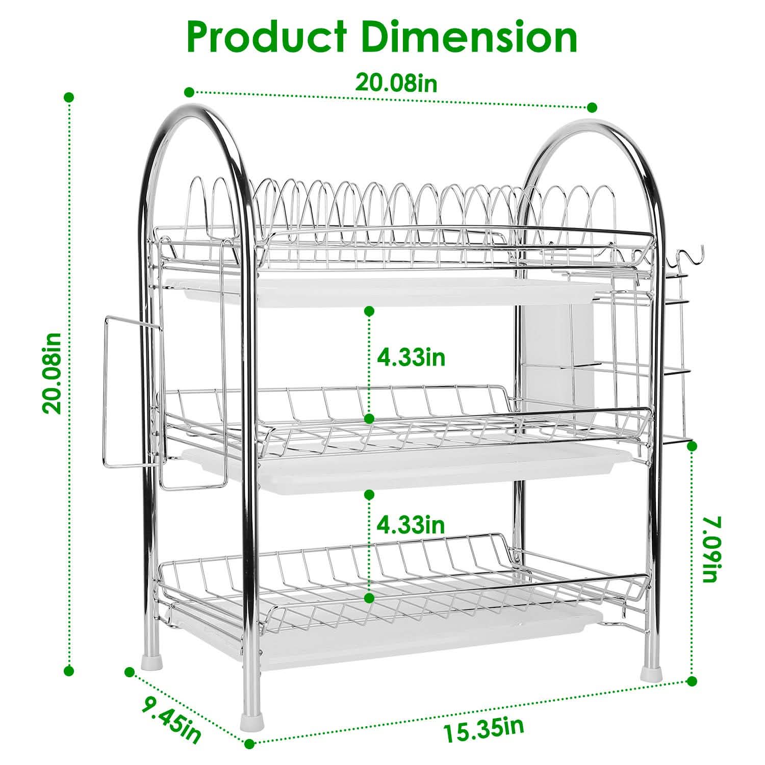 3-Tier Dish Drying Rack Shelf with 3 Drain Trays Chopping Board Kitchen Storage - DailySale