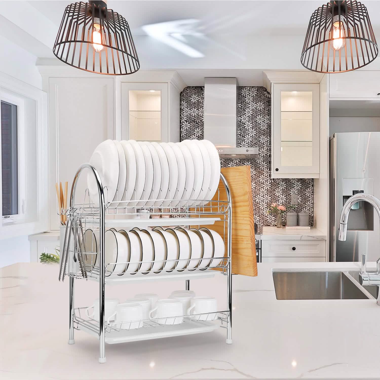 3-Tier Dish Drying Rack Shelf with 3 Drain Trays Chopping Board Kitchen Storage - DailySale