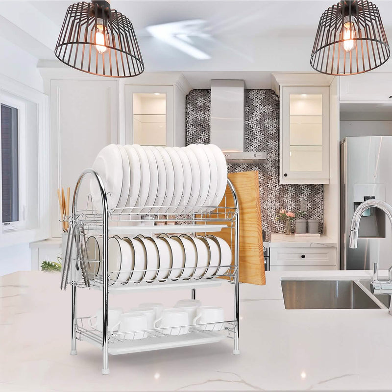 3-Tier Dish Drying Rack Shelf with 3 Drain Trays Chopping Board Kitchen Storage - DailySale