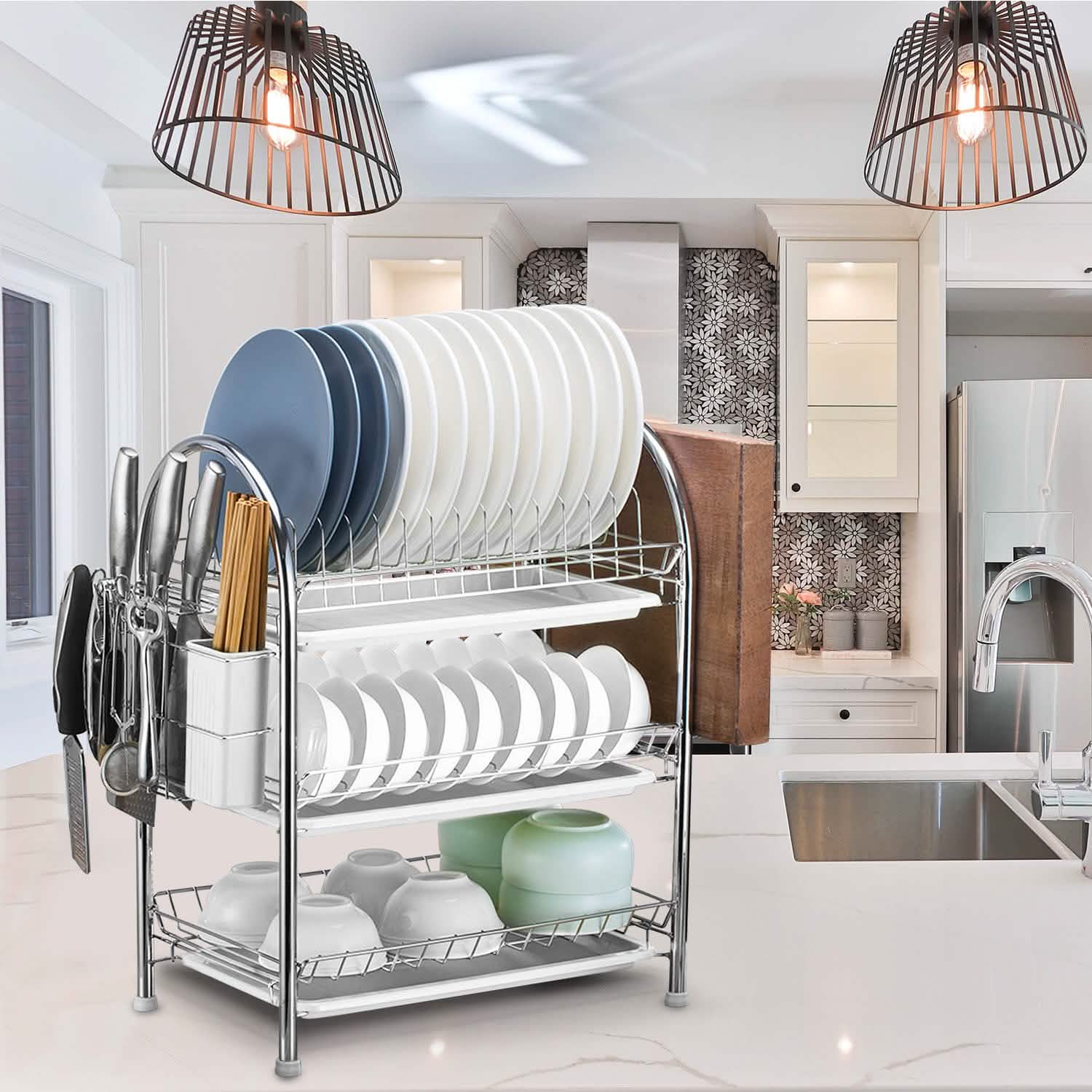 3-Tier Dish Drying Rack Shelf with 3 Drain Trays Chopping Board Kitchen Storage - DailySale