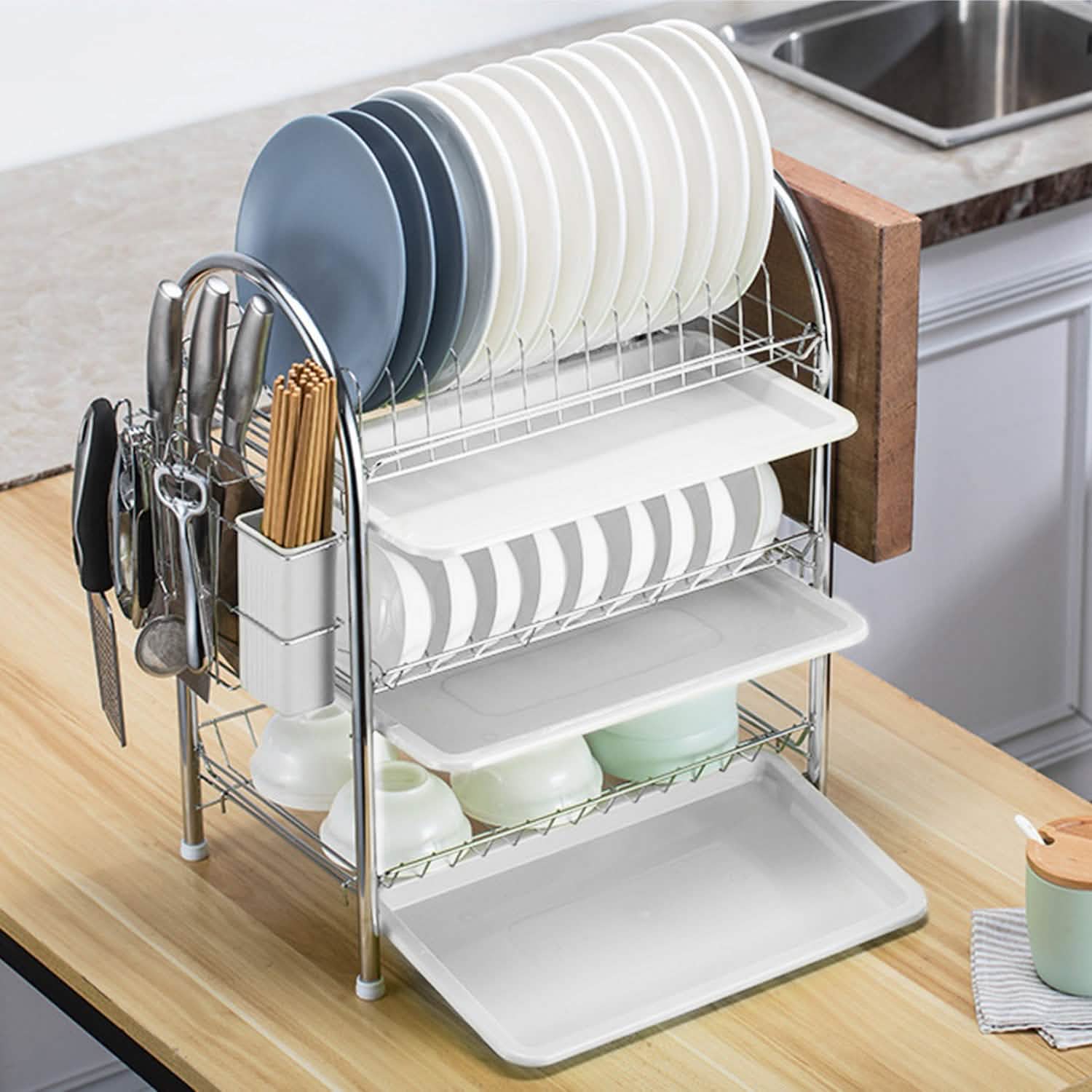 3-Tier Dish Drying Rack Shelf with 3 Drain Trays Chopping Board Kitchen Storage - DailySale
