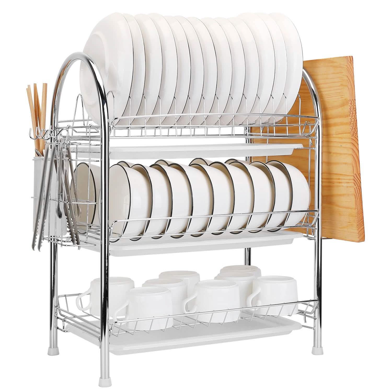 3-Tier Dish Drying Rack Shelf with 3 Drain Trays Chopping Board Kitchen Storage - DailySale