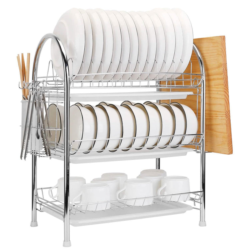 3-Tier Dish Drying Rack Shelf with 3 Drain Trays Chopping Board Kitchen Storage - DailySale