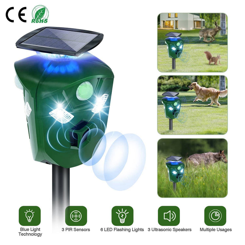 Diagram showing 360° Electric Solar Powered Ultrasonic Repeller with Motion Sensor LED Flashing Lights repelling animals