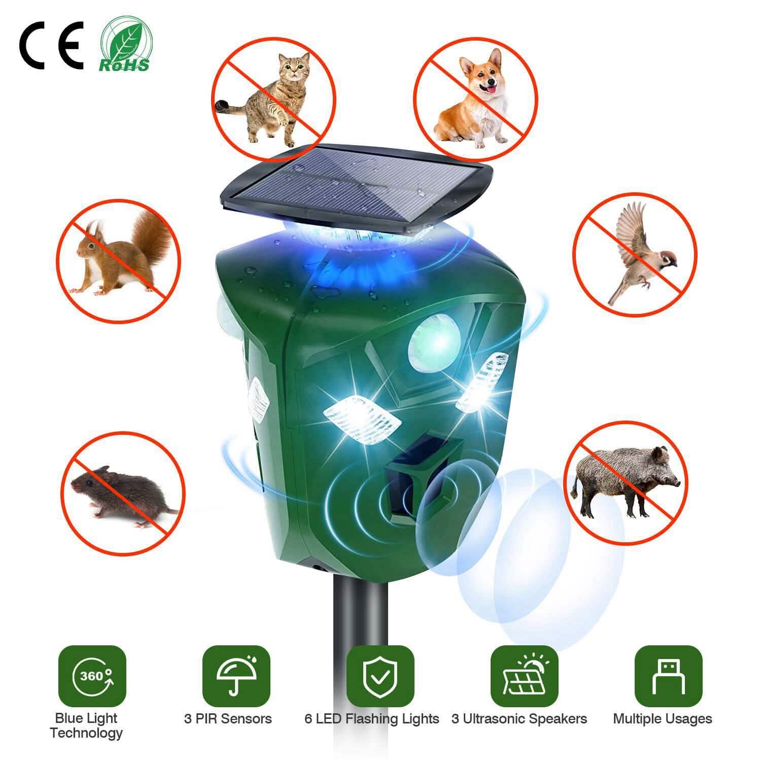 360° Electric Solar Powered Ultrasonic Repeller with Motion Sensor LED Flashing Lights Pest Control - DailySale