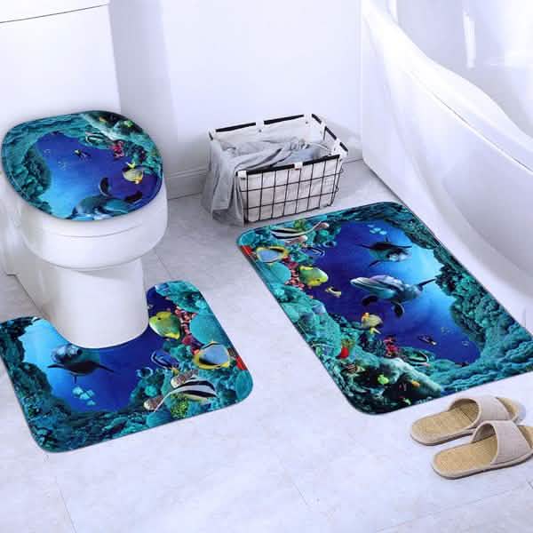3D Printing Waterproof Shower Curtain Pedestal Rug Toilet Cover Bath Mat Set Bath - DailySale