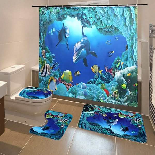 3D Printing Waterproof Shower Curtain Pedestal Rug Toilet Cover Bath Mat Set Bath - DailySale
